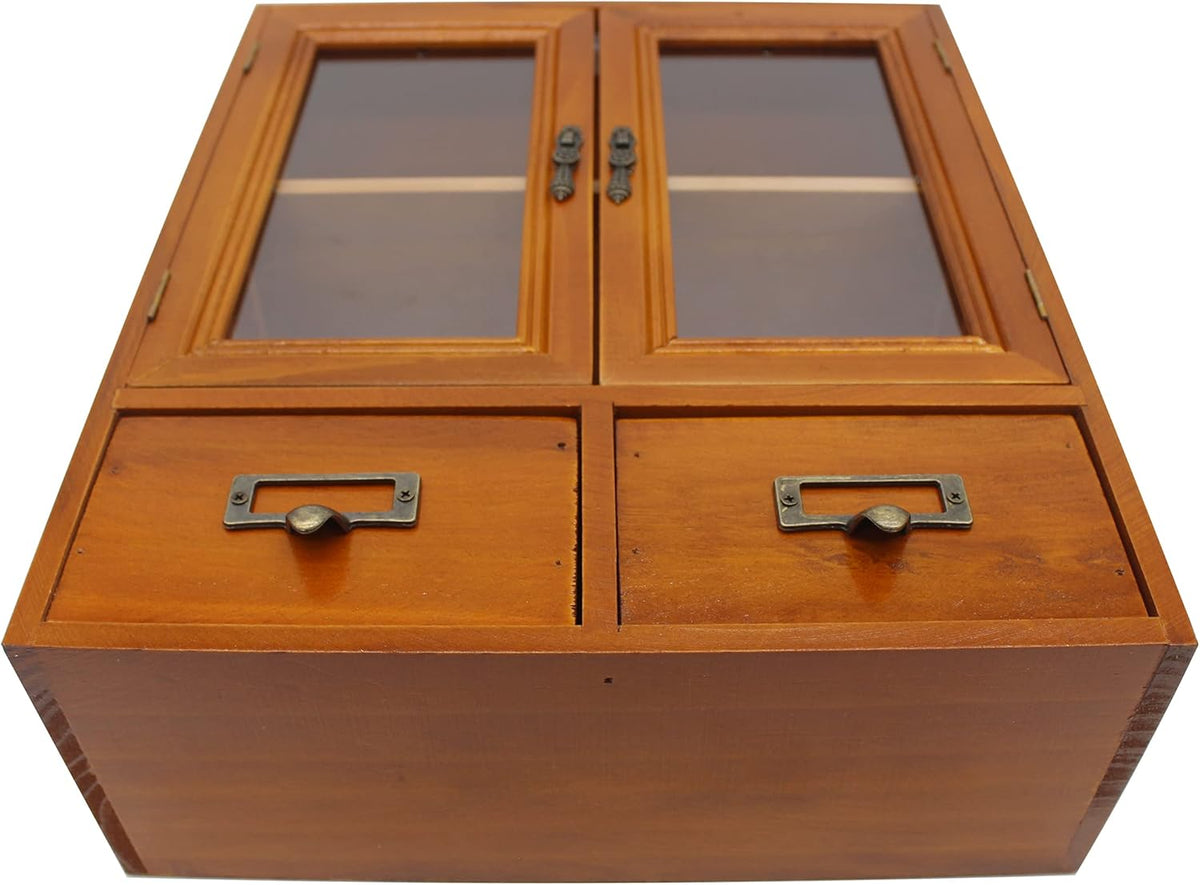 Wooden Storage Cabinet with Glass Double Doors and Adjustable Shelf and Two Drawers H469