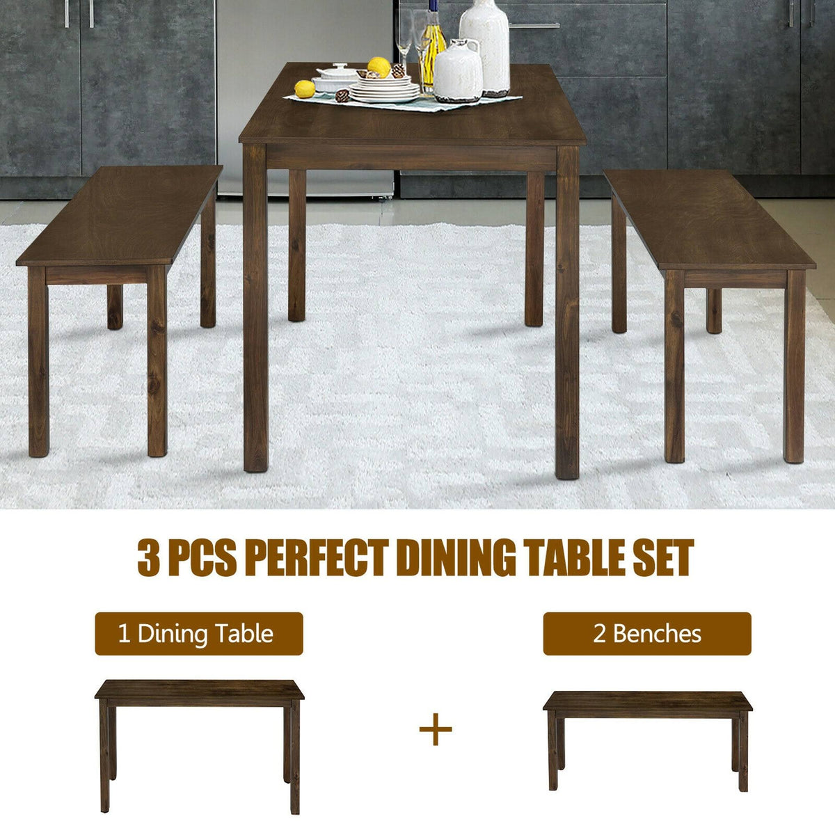 3pcs Dining Table with 2 Benches T351