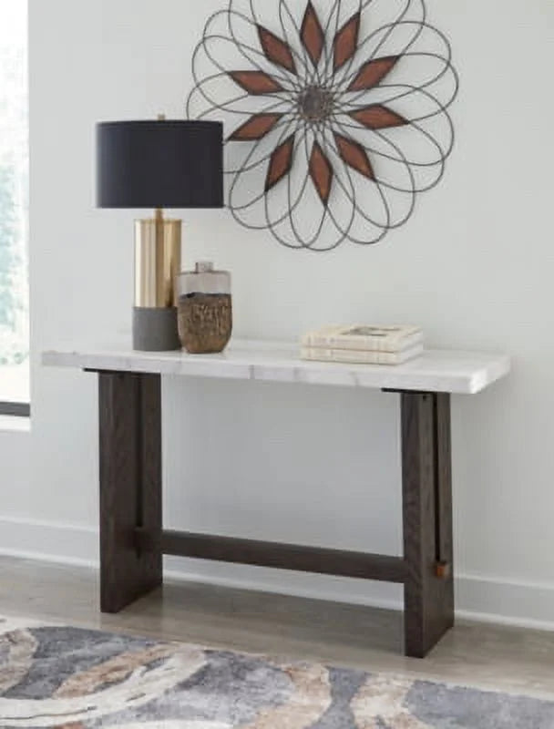 Traditional Rectangular Sofa Table with Marble Tabletop, Dark Brown & White V718