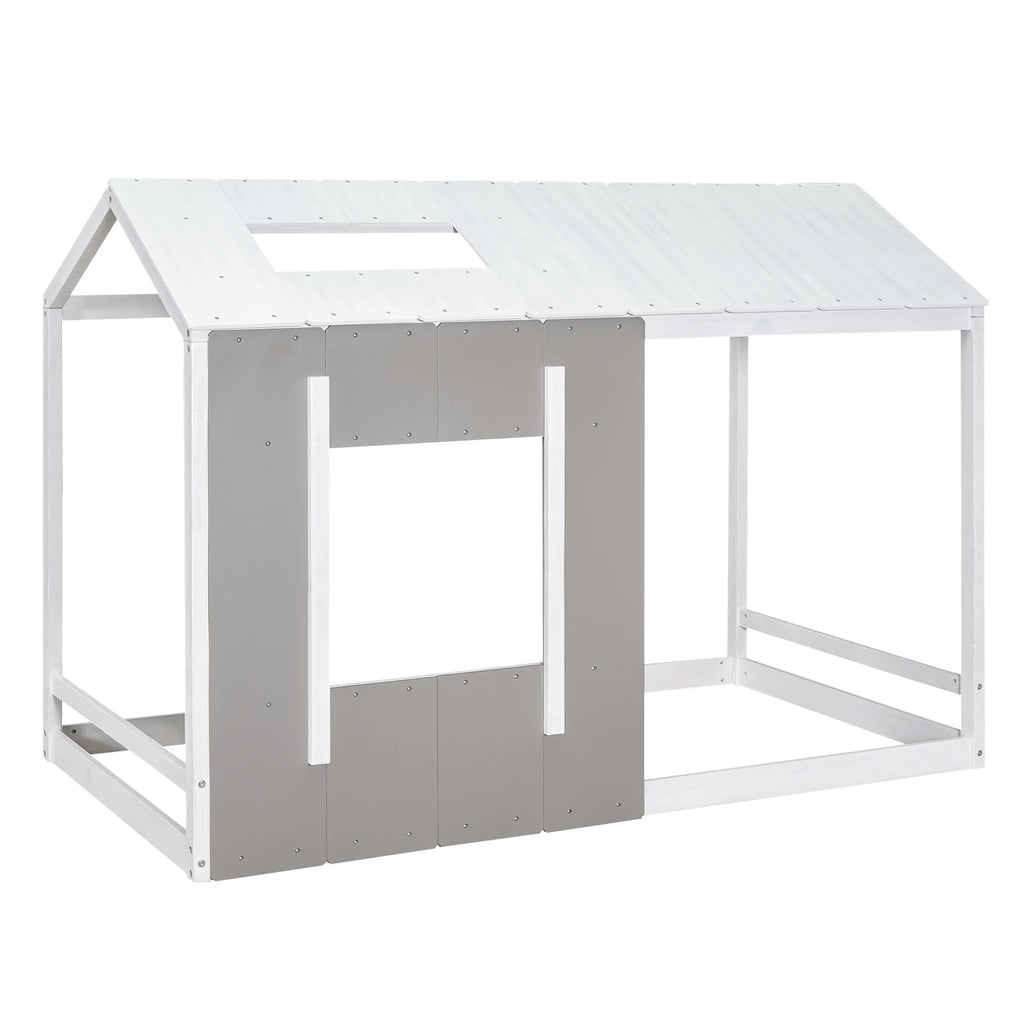 Wood Twin House Platform Bed with Roof and Window, Gray F2951
