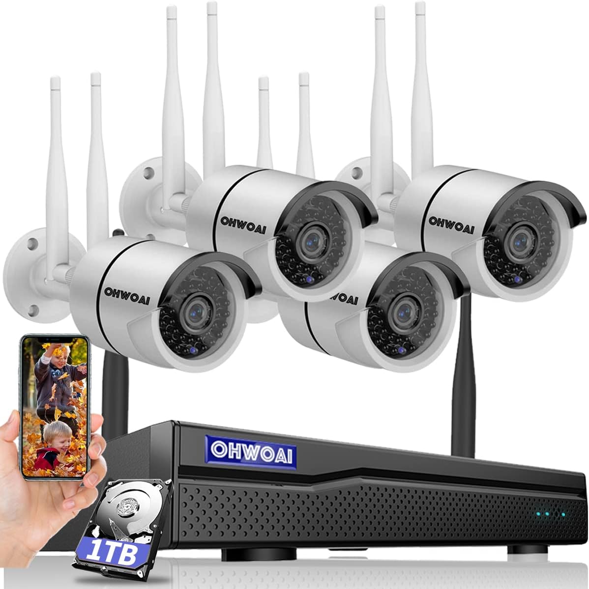 Wireless Security Camera System 8CH NVR 4Pcs Dual Antenna IP Cameras with Floodlights IP66 1TB HDD H93317