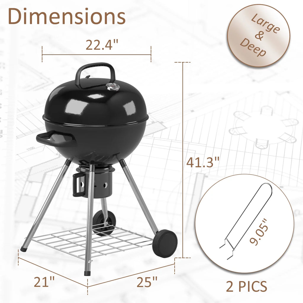 29” Black Outdoor Charcoal Grill with Side Shelf and Wheels X90320