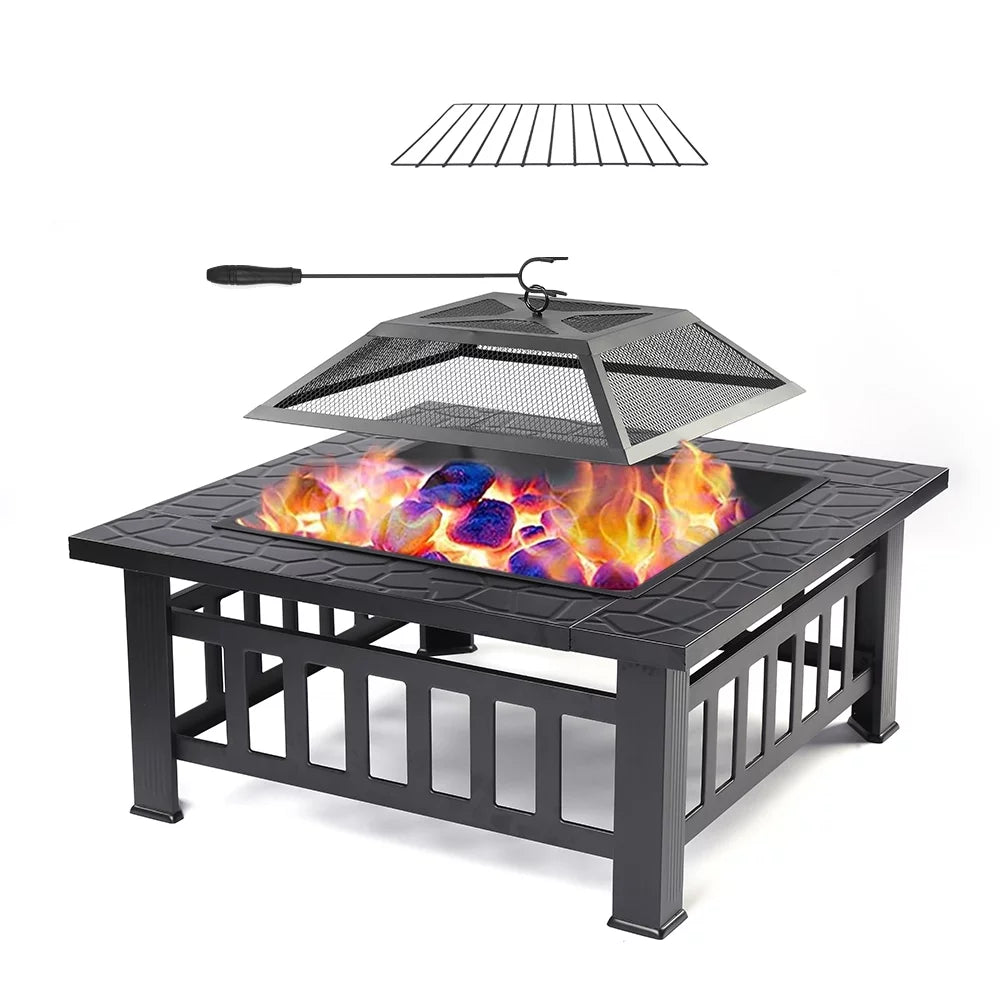 32 Square Metal Fire Pit Table with Spark Screen & Log Poker W4976
