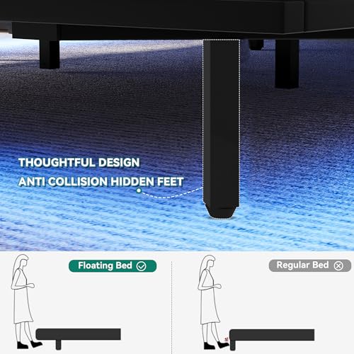 Gray Upholstered Floating Platform Bed with Charging Station I263