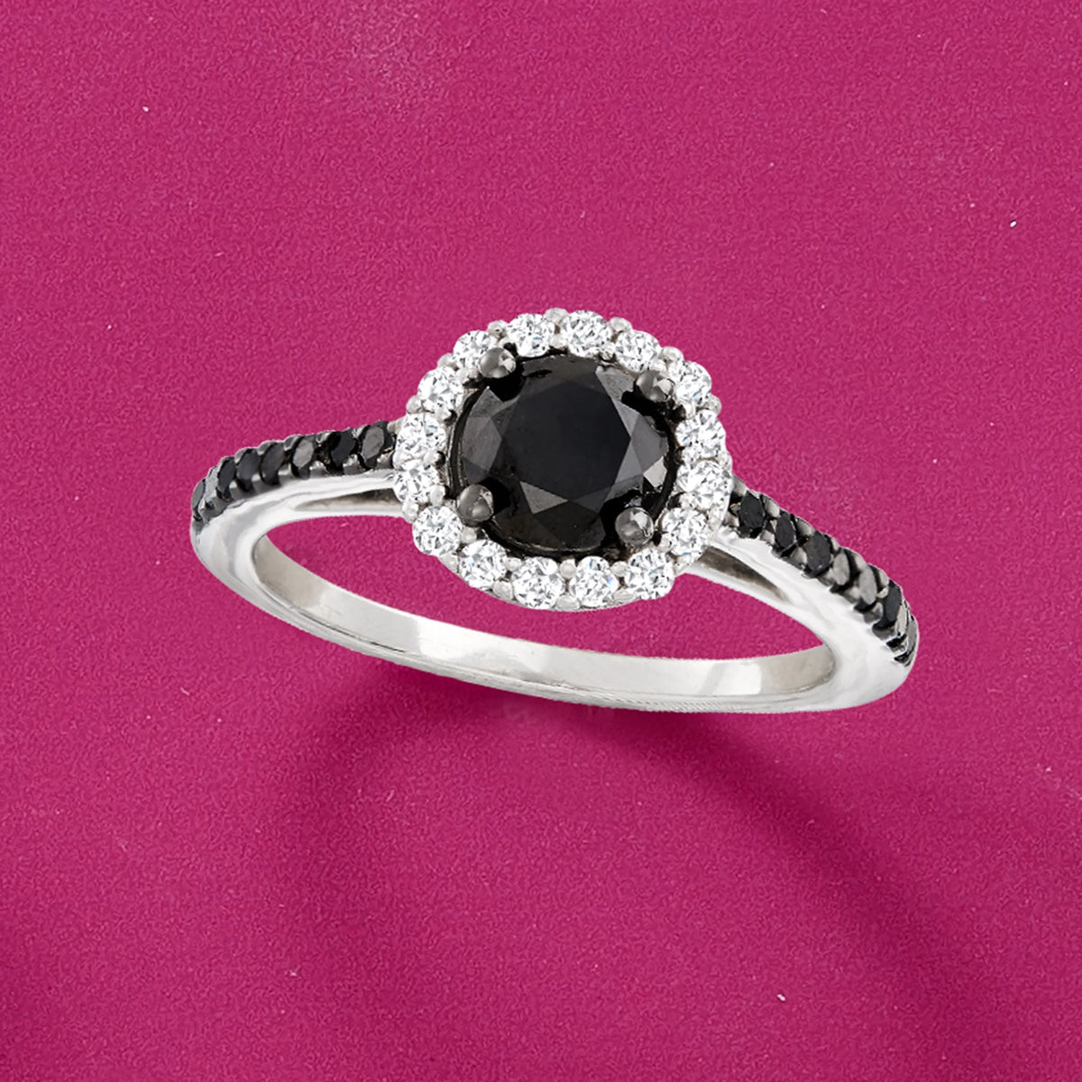 Black and White Diamond Halo Ring in Sterling Silver I209
