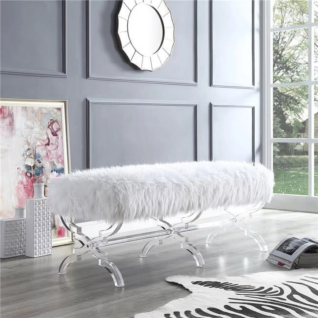 Faux Fur Upholstered Bench with Acrylic X-Legs Cream S6536