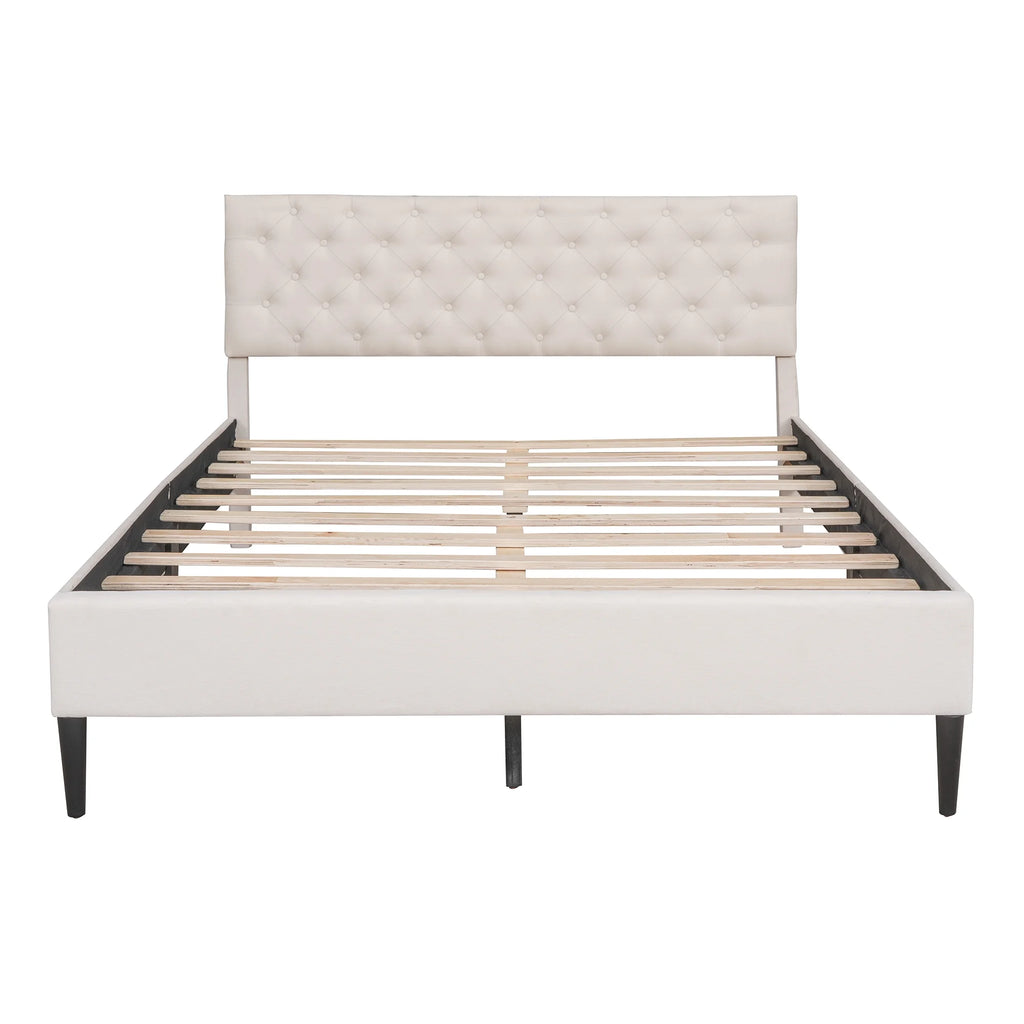 Beige Upholstered Fabric Queen Size Platform Bed Frame N921568