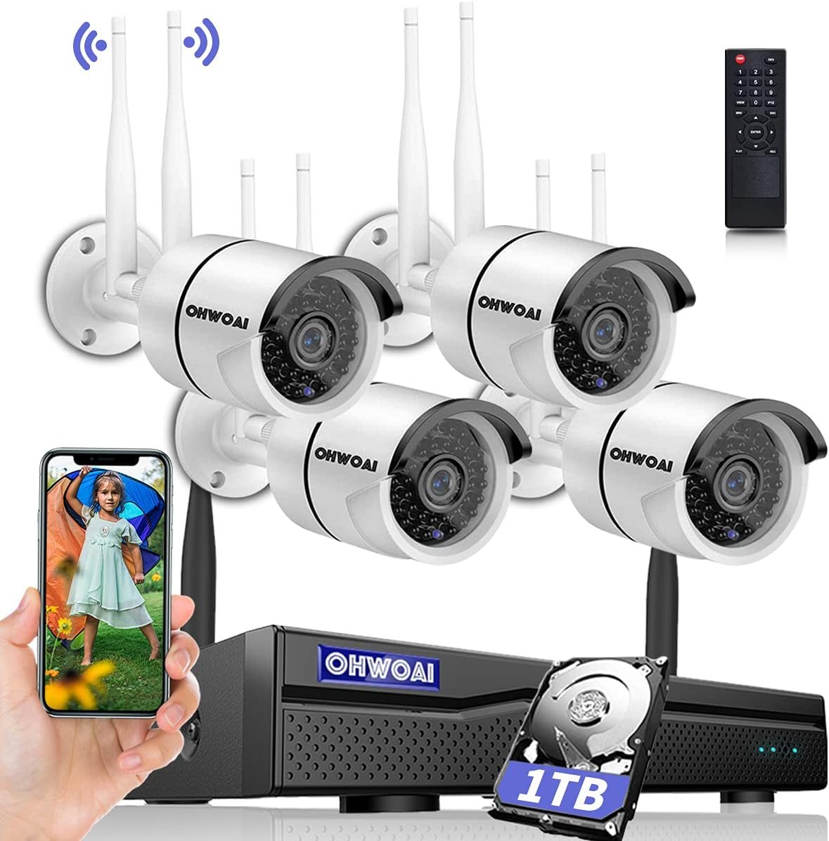 Wireless Security Camera System 8CH NVR 4Pcs Dual Antenna IP Cameras with Floodlights IP66 1TB HDD H93317