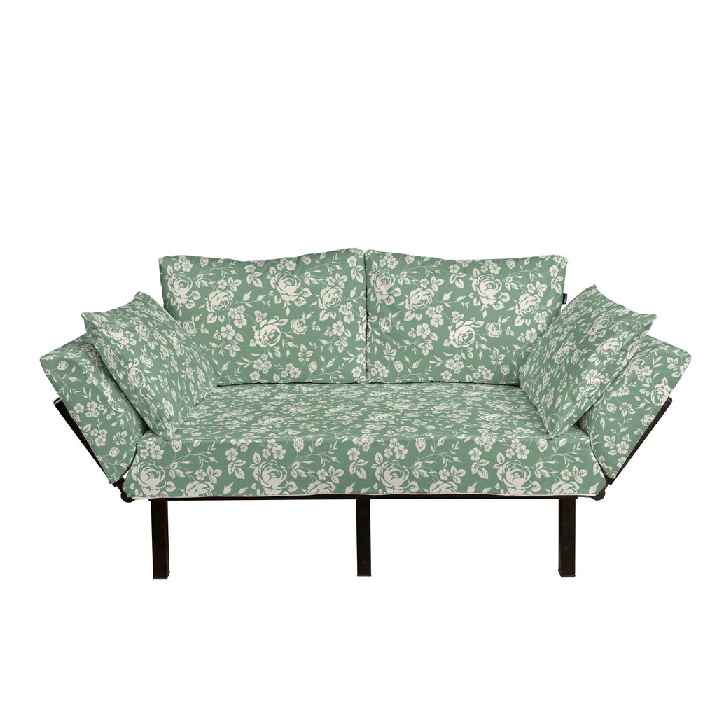 Reseda Green Cream Floral Upholstered Futon Sofa with Metal Frame C92351