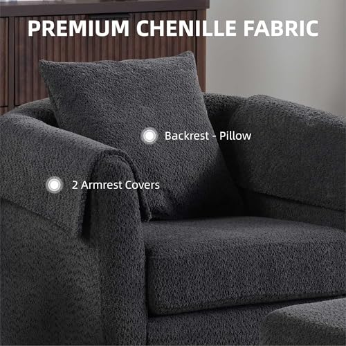 Black Chenille Swivel Accent Chair with Ottoman W963