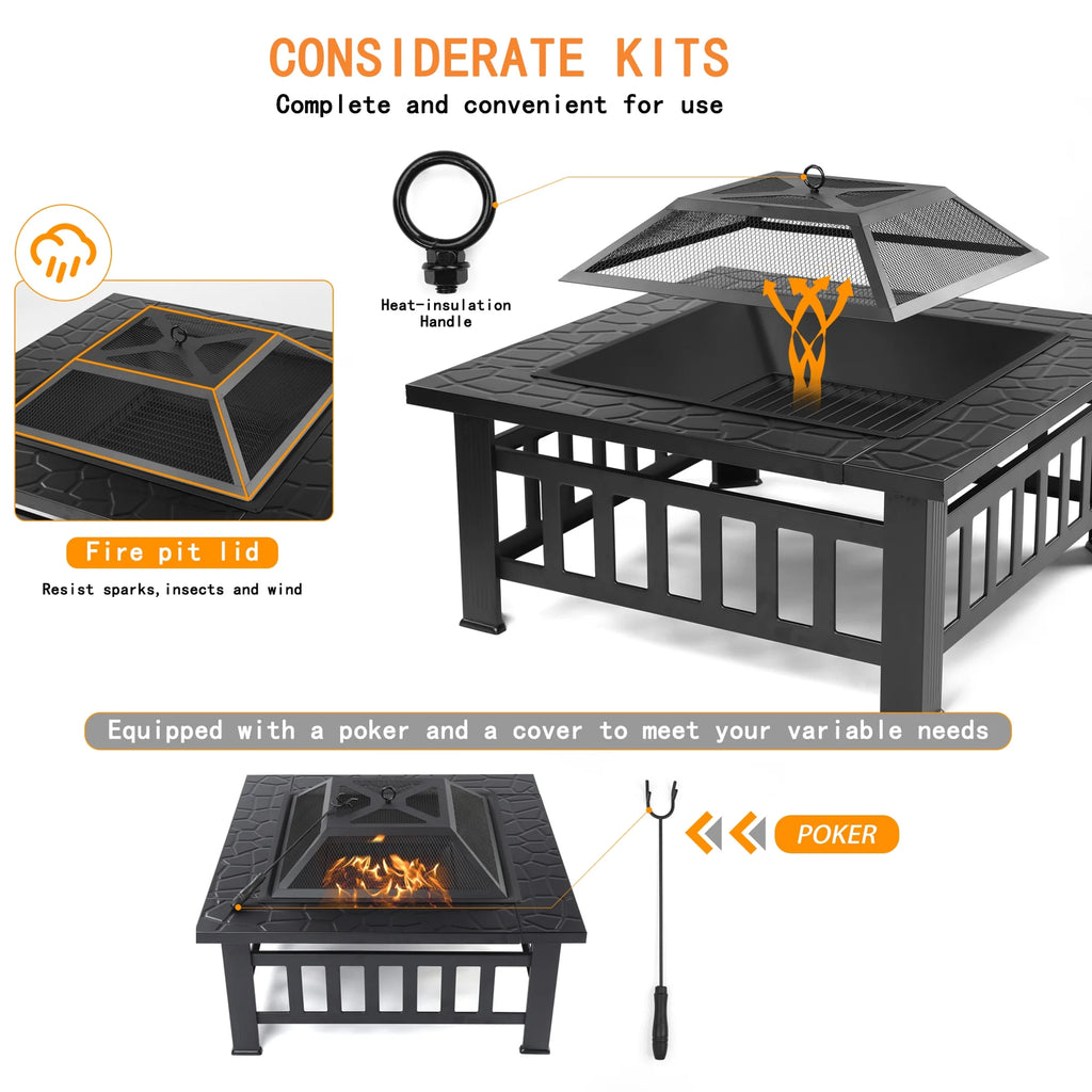 32 Square Metal Fire Pit Table with Spark Screen & Log Poker W4976