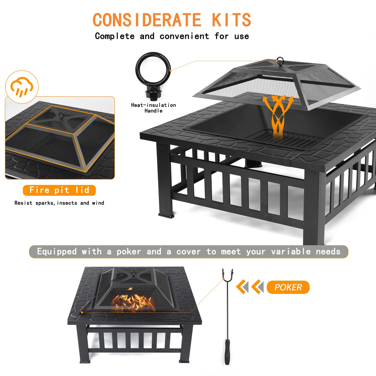 32 Square Metal Fire Pit Table with Spark Screen & Log Poker W4976