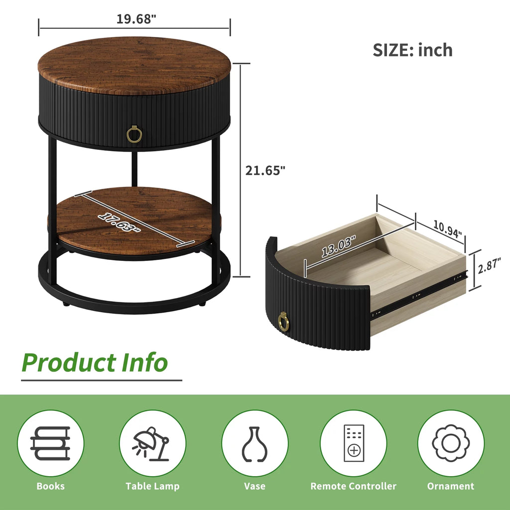 Black Metal 2-Tier Round End Table with Drawer W8811
