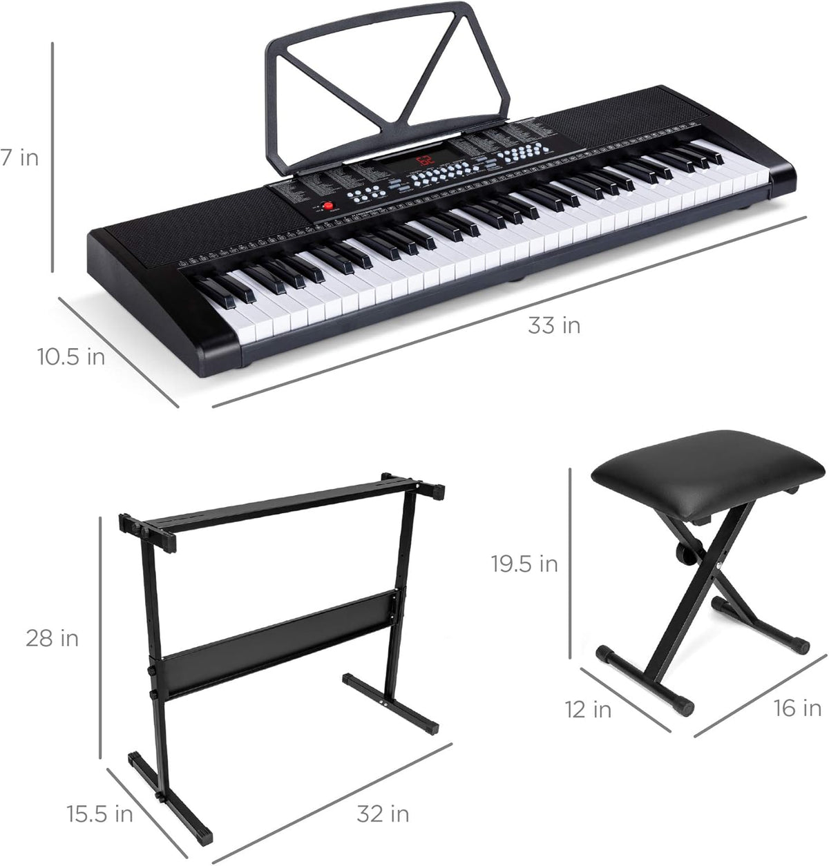 61-Key Electronic Keyboard Set with Stand, Bench, Headphones, Microphone V7823