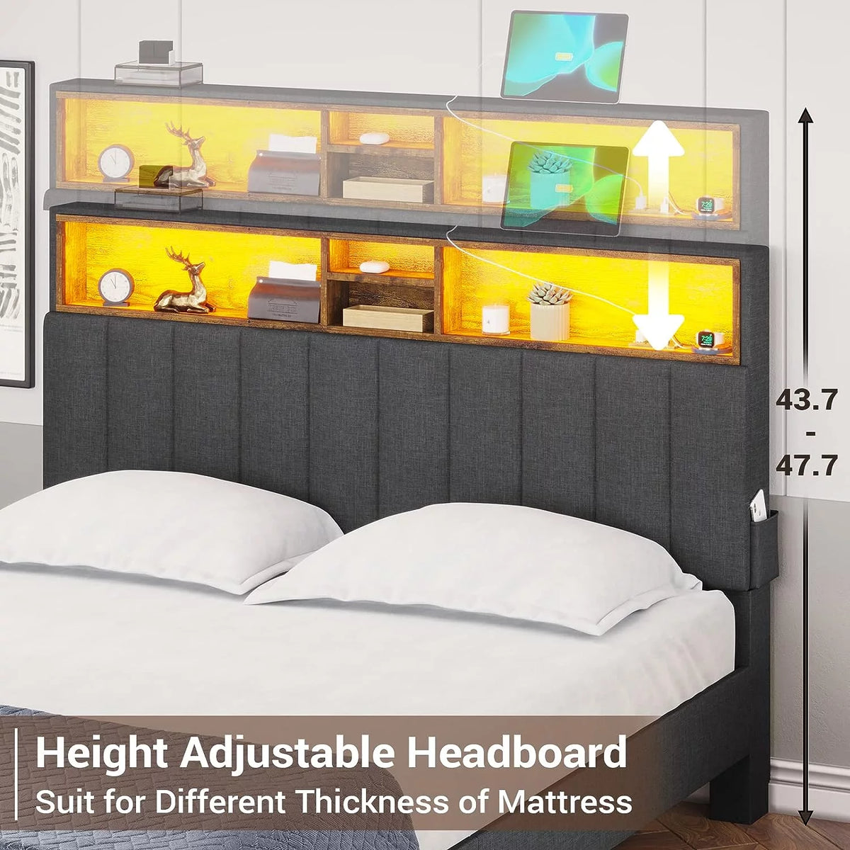 Dark Grey Queen Upholstered Platform Bed Frame with Storage Headboard M793502